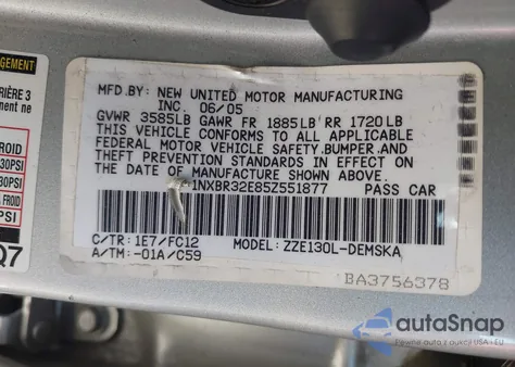 2005 Toyota Corolla S из США, поврежденный, VIN 1NXBR32E85Z551877